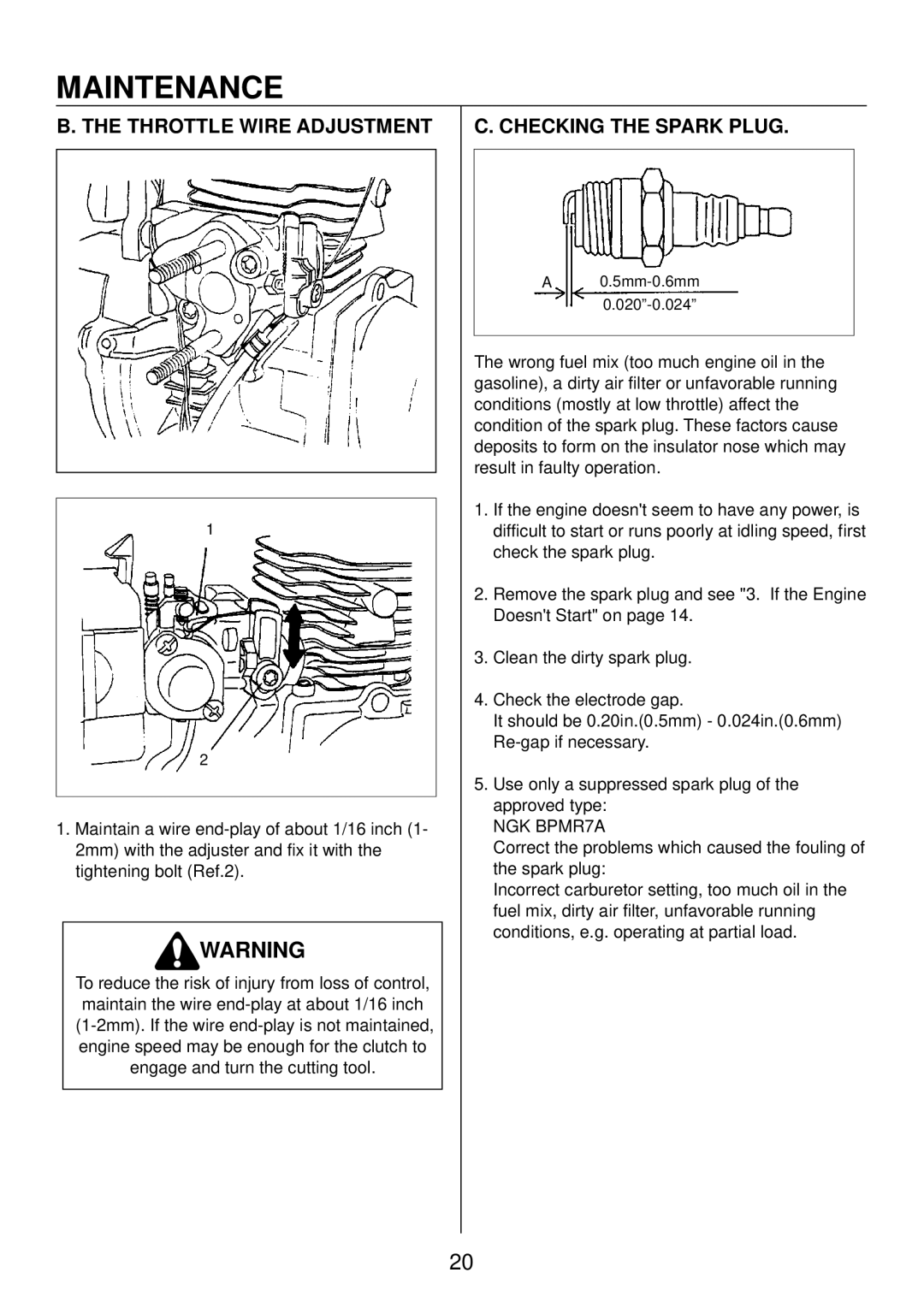 Cub Cadet ST23, ST26, ST35 manual Throttle Wire Adjustment, Checking the Spark Plug 