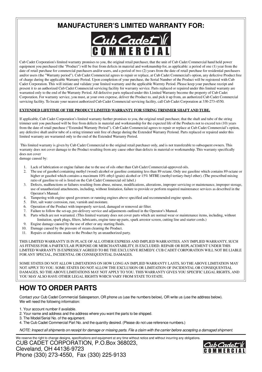 Cub Cadet ST35, ST23, ST26 manual HOW to Order Parts 