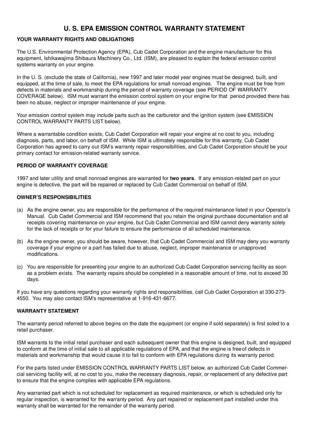 Cub Cadet ST23, ST26, ST35 manual EPA Emission Control Warranty Statement, Your Warranty Rights and Obligations 