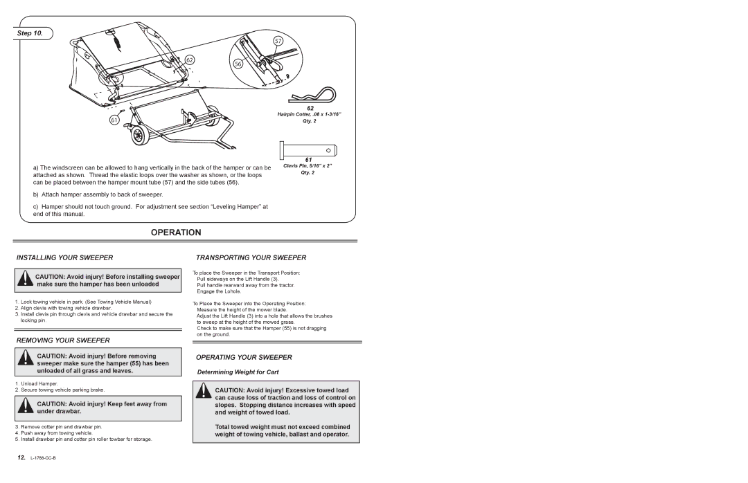 Cub Cadet SW-15CC owner manual Installing Your Sweeper, Removing Your Sweeper, Operating Your Sweeper 