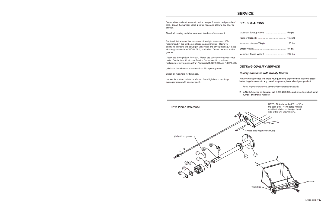 Cub Cadet SW-15CC owner manual Specifications, Getting Quality Service 