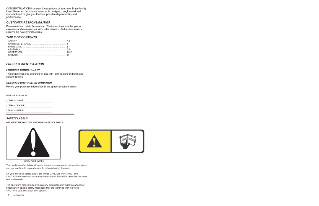 Cub Cadet SW-15CC owner manual Customer Responsibilities, Table of Contents, Product Identification 