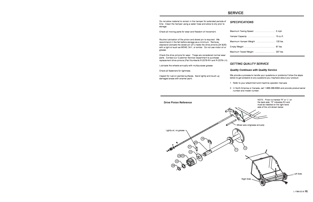 Cub Cadet SW-15CC owner manual Specifications, Getting Quality Service, Quality Continues with Quality Service 