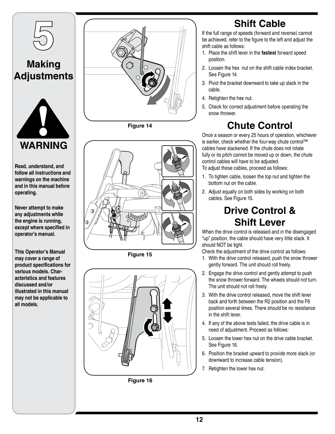 Cub Cadet SWE 528 Making Adjustments, Shift Cable, Chute Control, Drive Control Shift Lever, Retighten the lower hex nut 