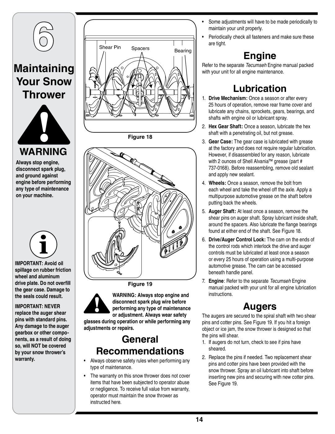 Cub Cadet SWE 528 warranty Maintaining Your Snow Thrower, General Recommendations, Engine, Lubrication, Augers 