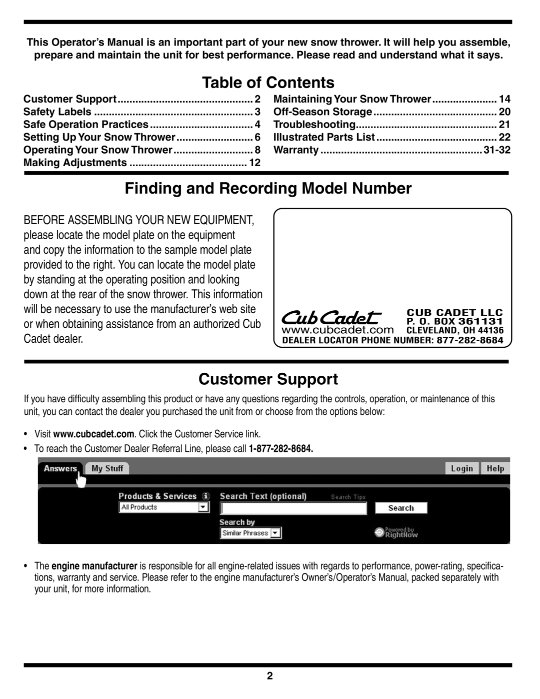 Cub Cadet SWE 528 warranty Table of Contents, Finding and Recording Model Number, Customer Support 