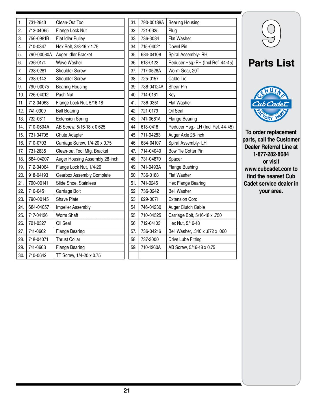 Cub Cadet SWE 528 warranty Parts List, To order replacement, Or visit, Parts, call the Customer Dealer Referral Line at 