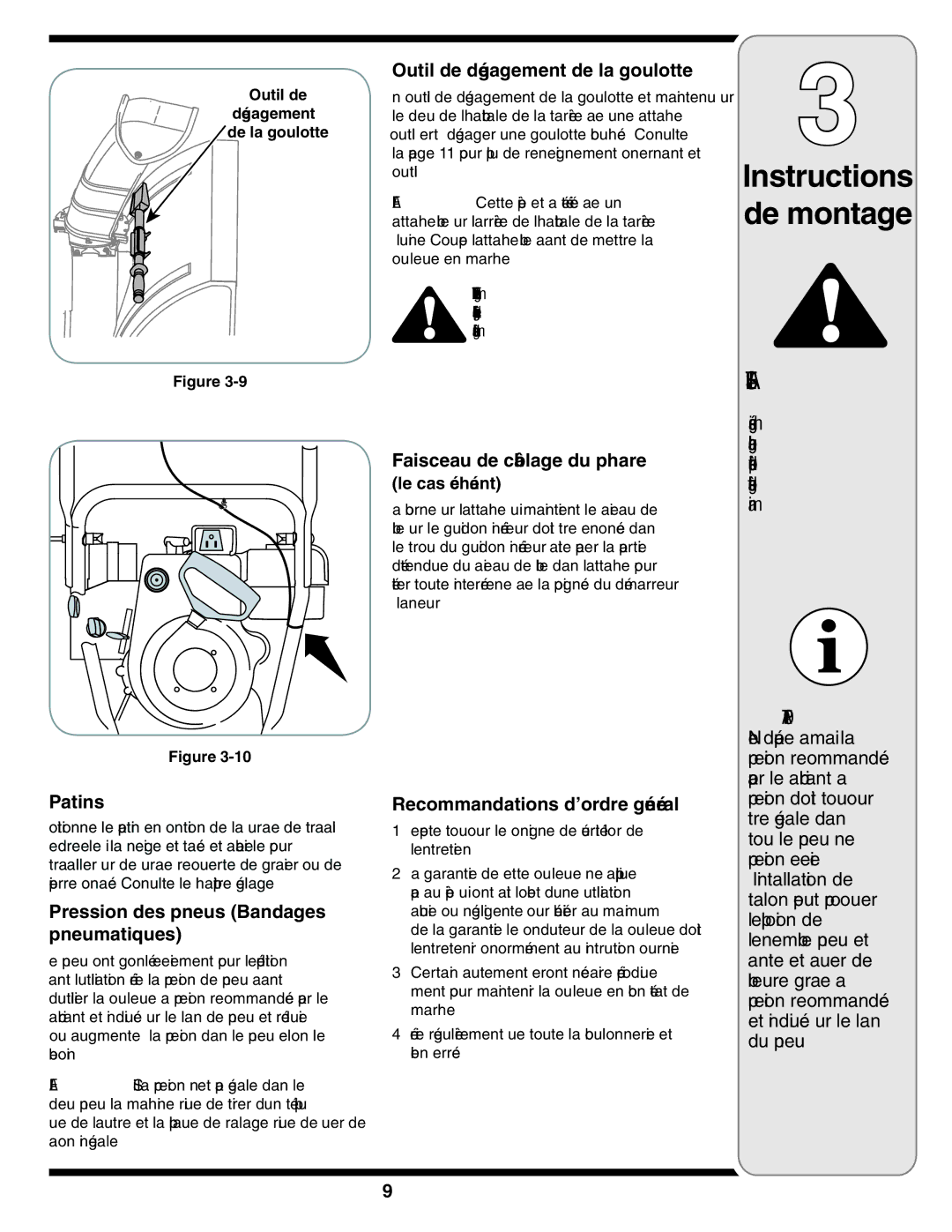 Cub Cadet Two Stage Snow Thrower warranty Général d’ordre Recommandations, Goulotte la de dégagement de Outil 