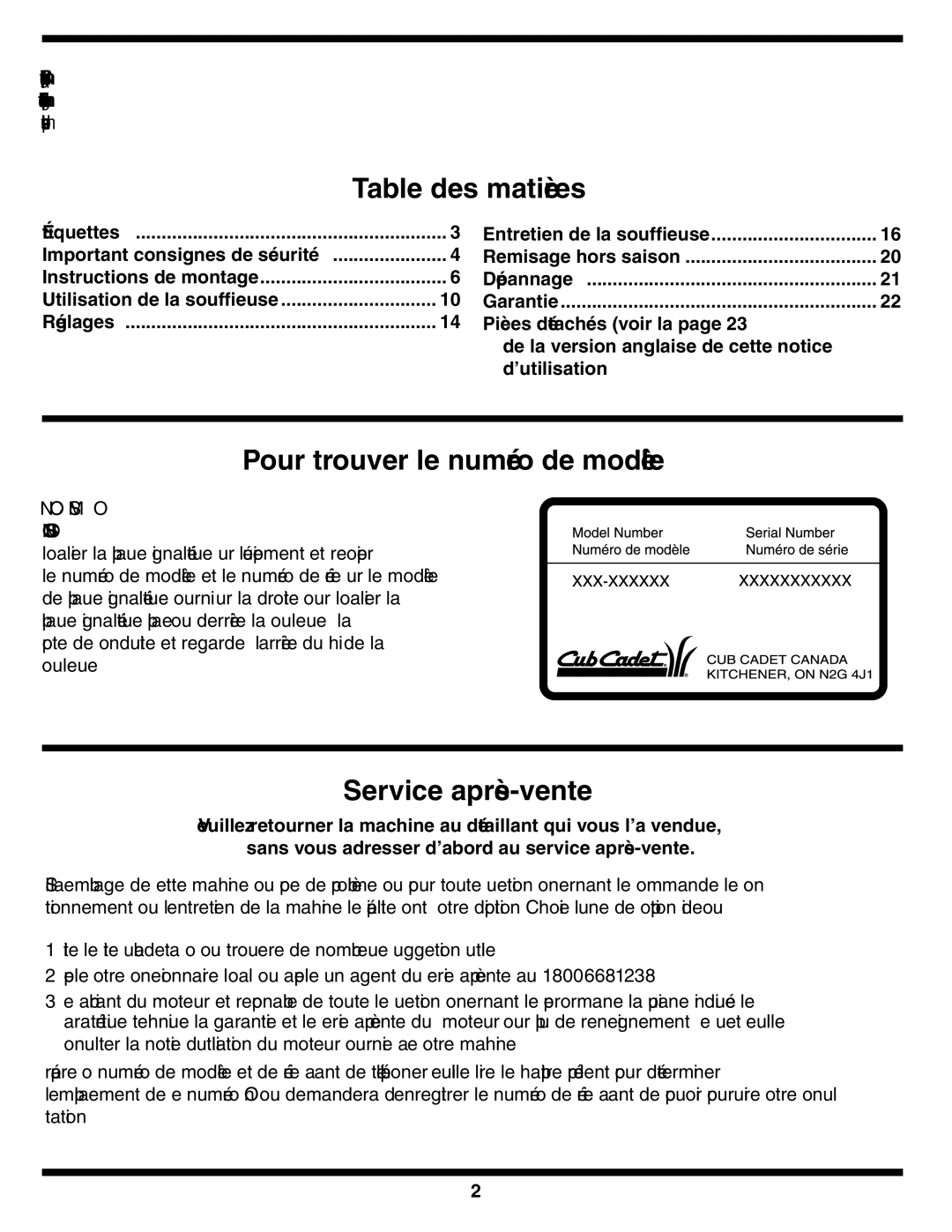 Cub Cadet Two Stage Snow Thrower Vente-après Service, Modèle de numéro le trouver Pour, Matières des Table, Réglages 