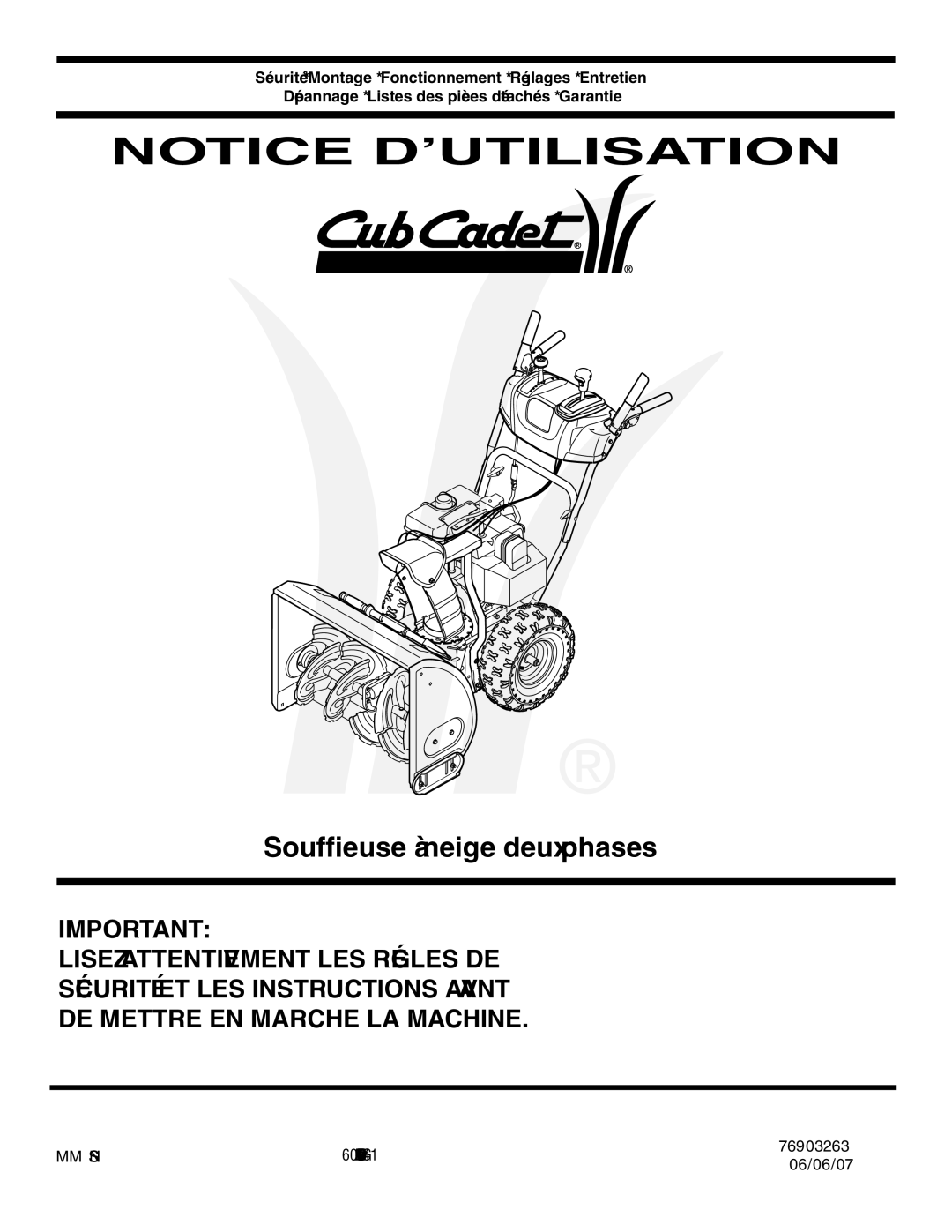 Cub Cadet Two Stage Snow Thrower warranty Phases deux neige à Souffleuse, 4J1 N2G Ontario KITCHENER, South, Street Ottawa 