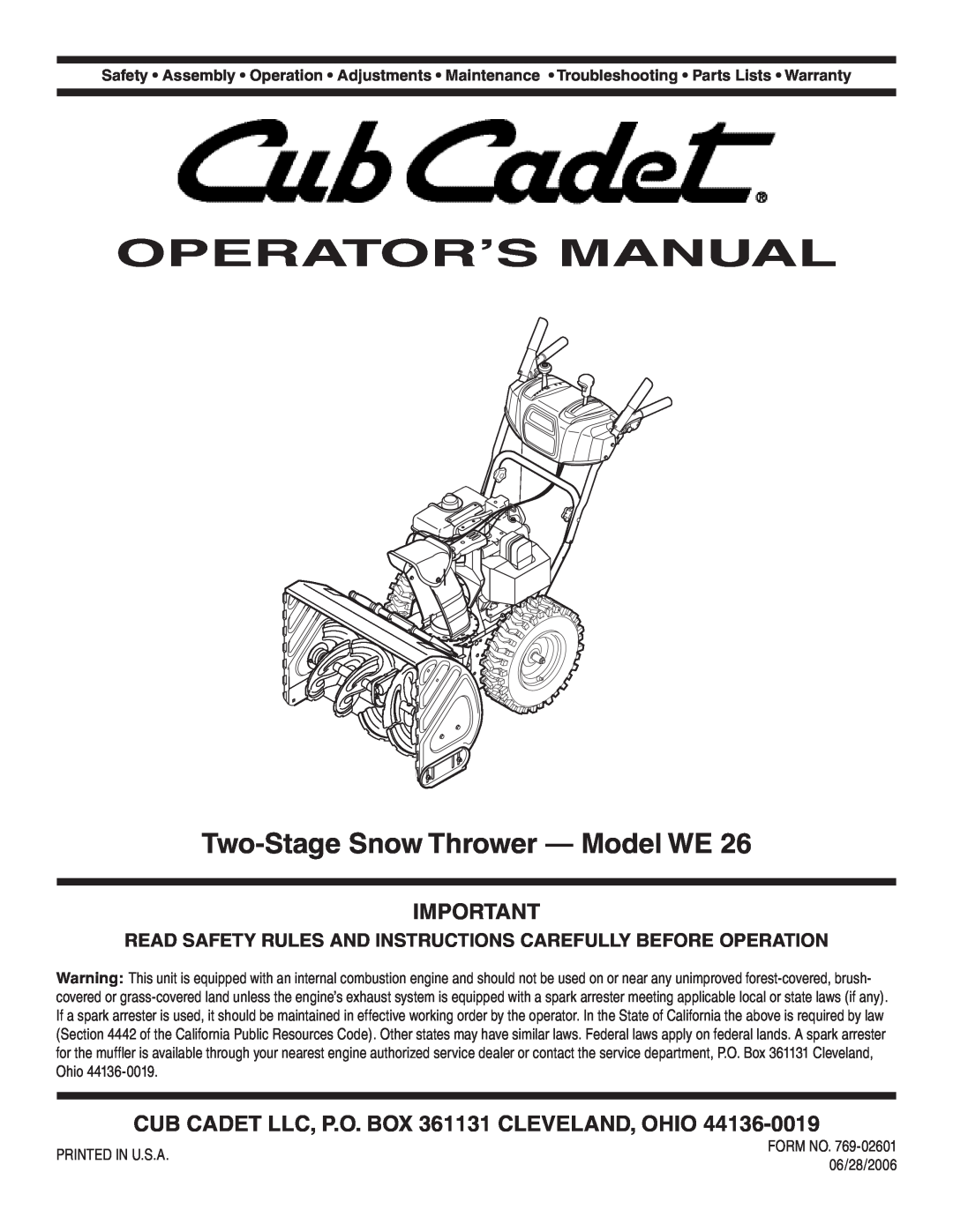 Cub Cadet WE 26 warranty Operator’S Manual, Two-StageSnow Thrower — Model WE 