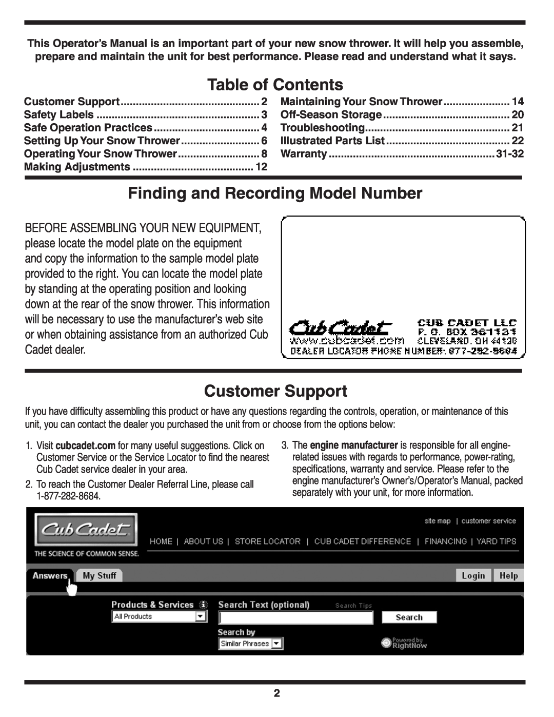 Cub Cadet WE 26 warranty Table of Contents, Finding and Recording Model Number, Customer Support 