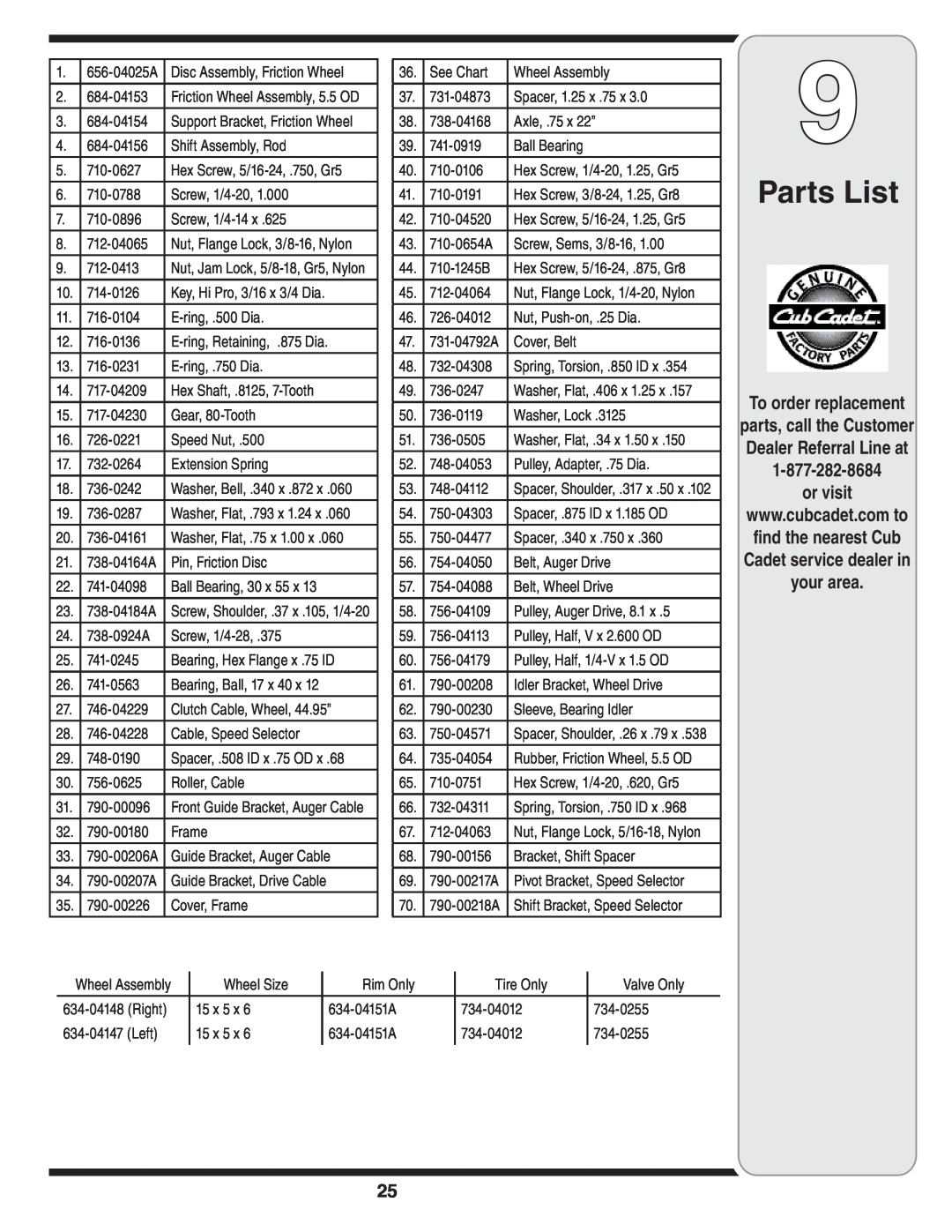 Cub Cadet WE 26 warranty Parts List, To order replacement, or visit, parts, call the Customer Dealer Referral Line at 