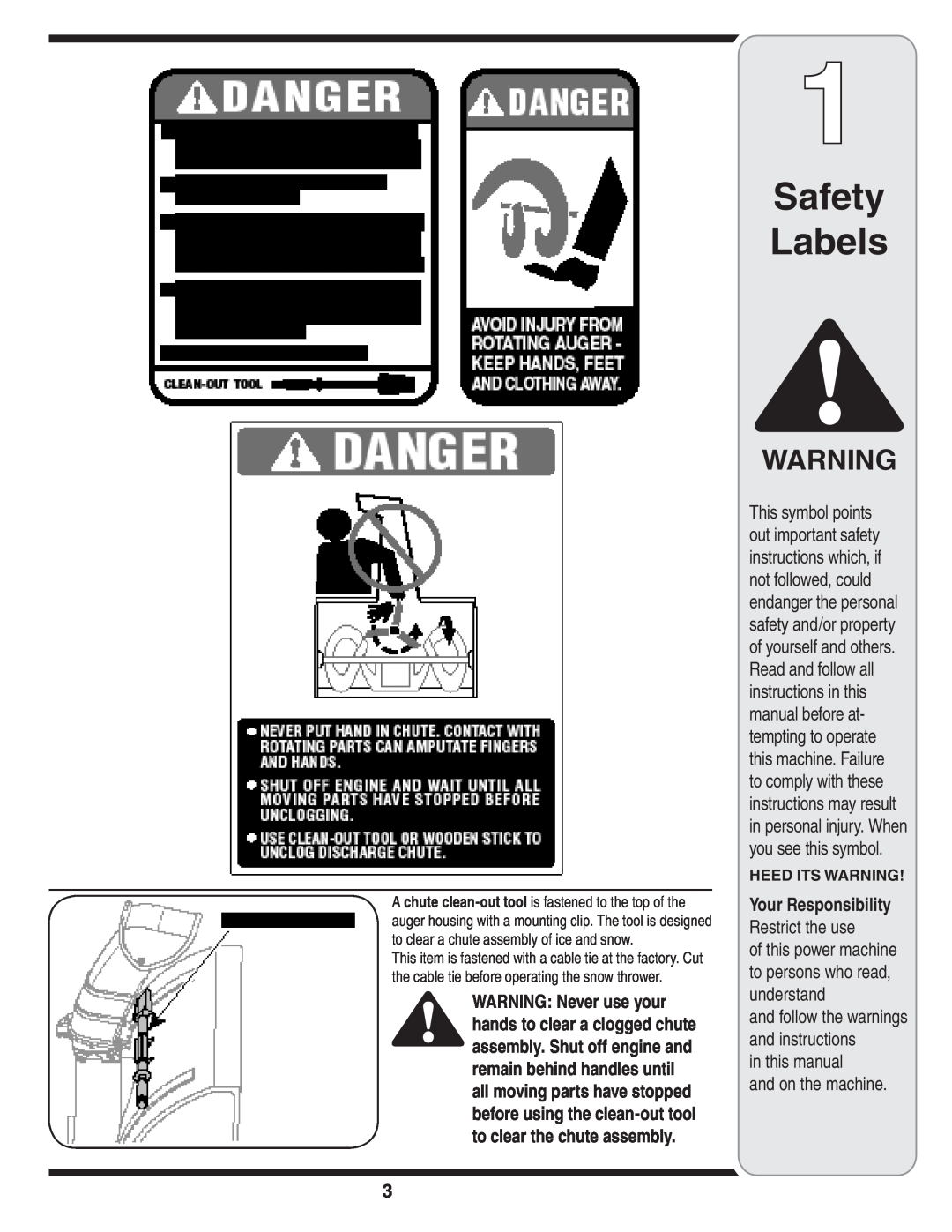 Cub Cadet WE 26 Safety Labels, Restrict the use, in this manual and on the machine, Your Responsibility, Heed Its Warning 