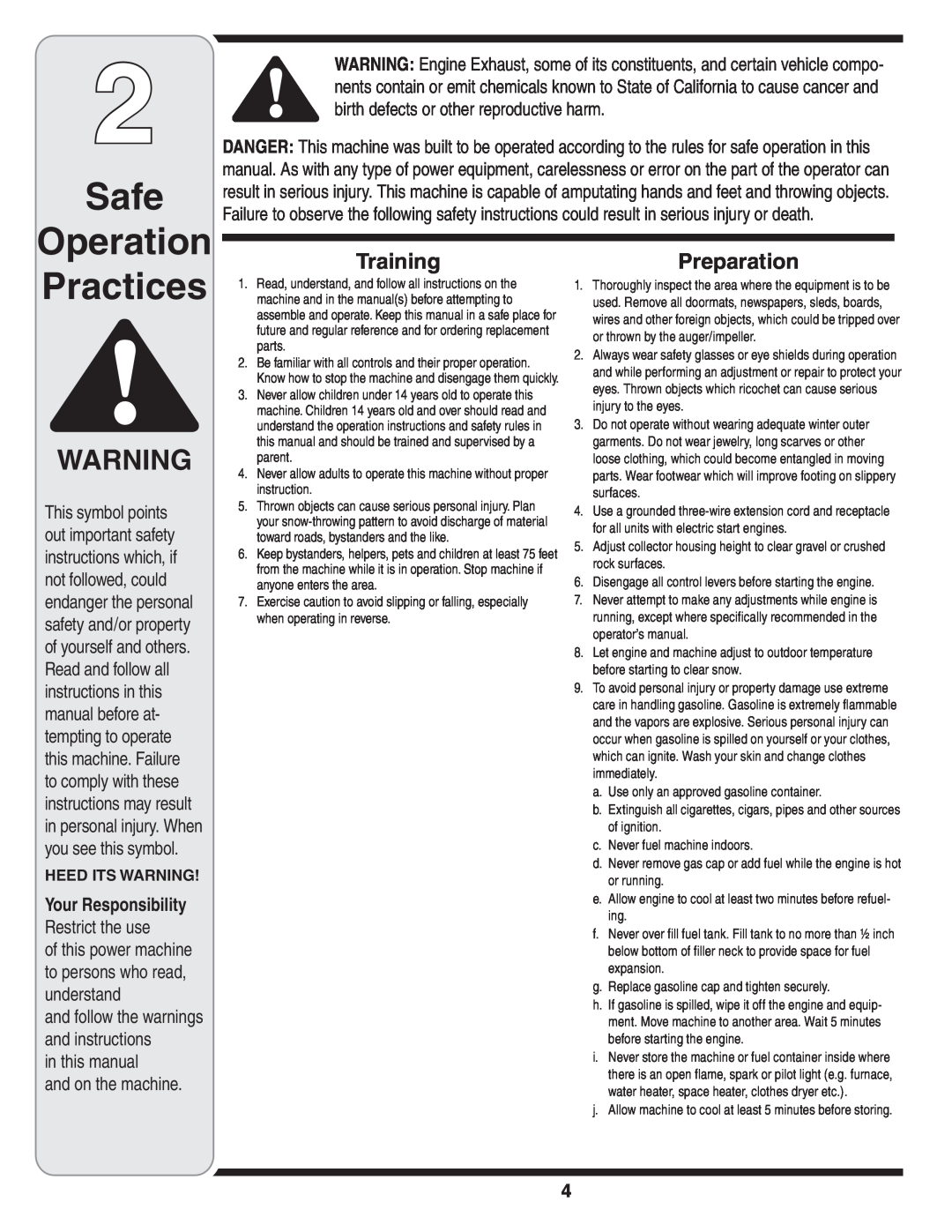 Cub Cadet WE 26 Safe Operation, Practices, TrainingPreparation, in this manual and on the machine, Heed Its Warning 