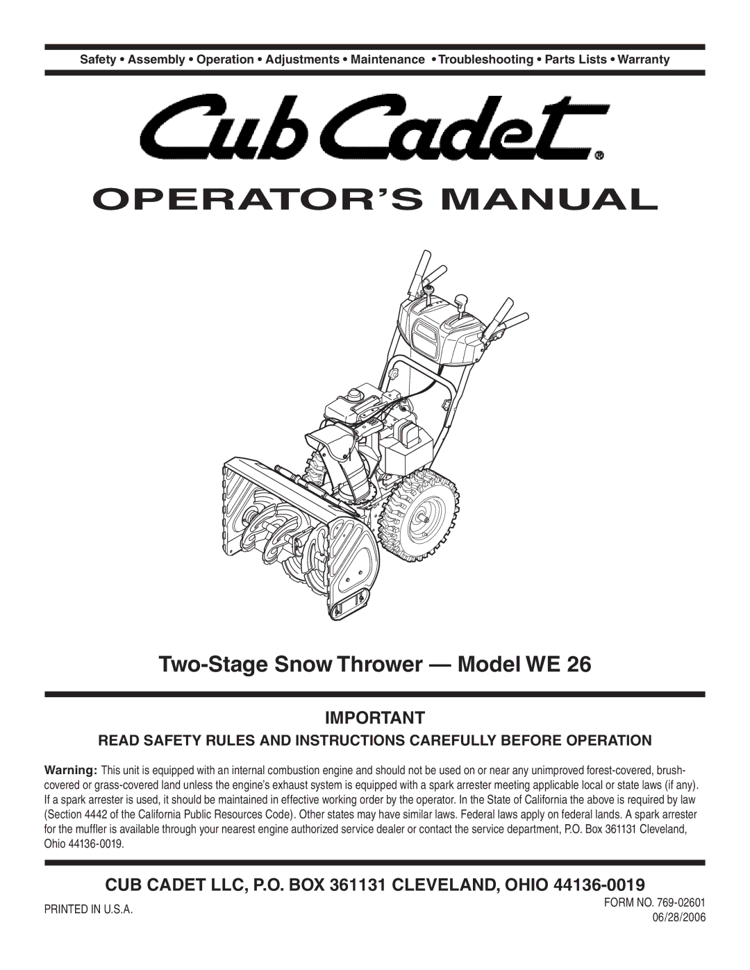 Cub Cadet WE 26 warranty OPERATOR’S Manual, Two-Stage Snow Thrower Model WE 