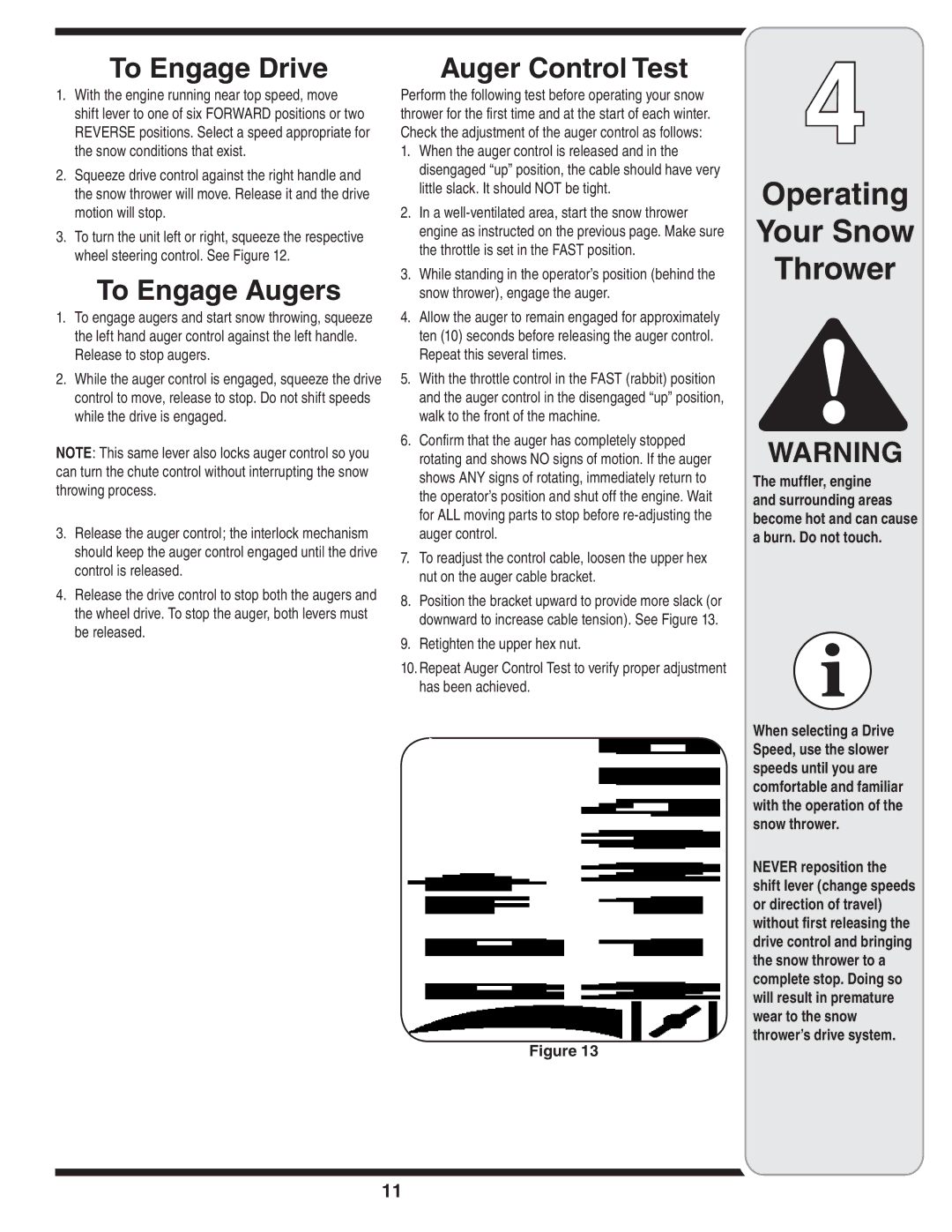 Cub Cadet WE 26 warranty To Engage Drive, To Engage Augers, Auger Control Test 