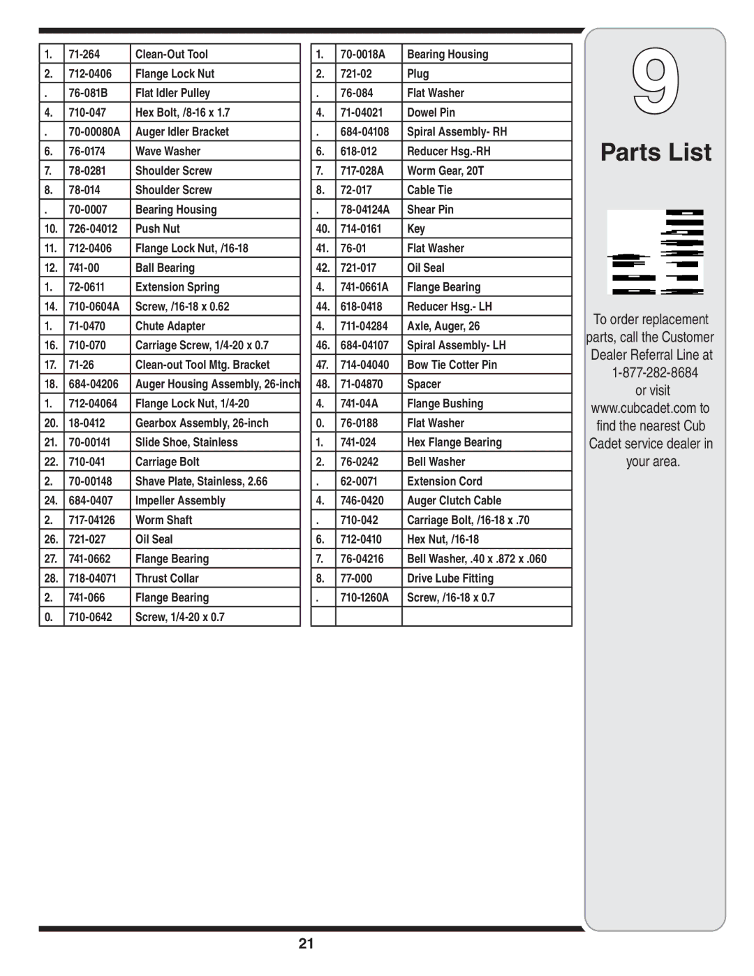 Cub Cadet WE 26 warranty Parts List, To order replacement, Or visit, Parts, call the Customer Dealer Referral Line at 