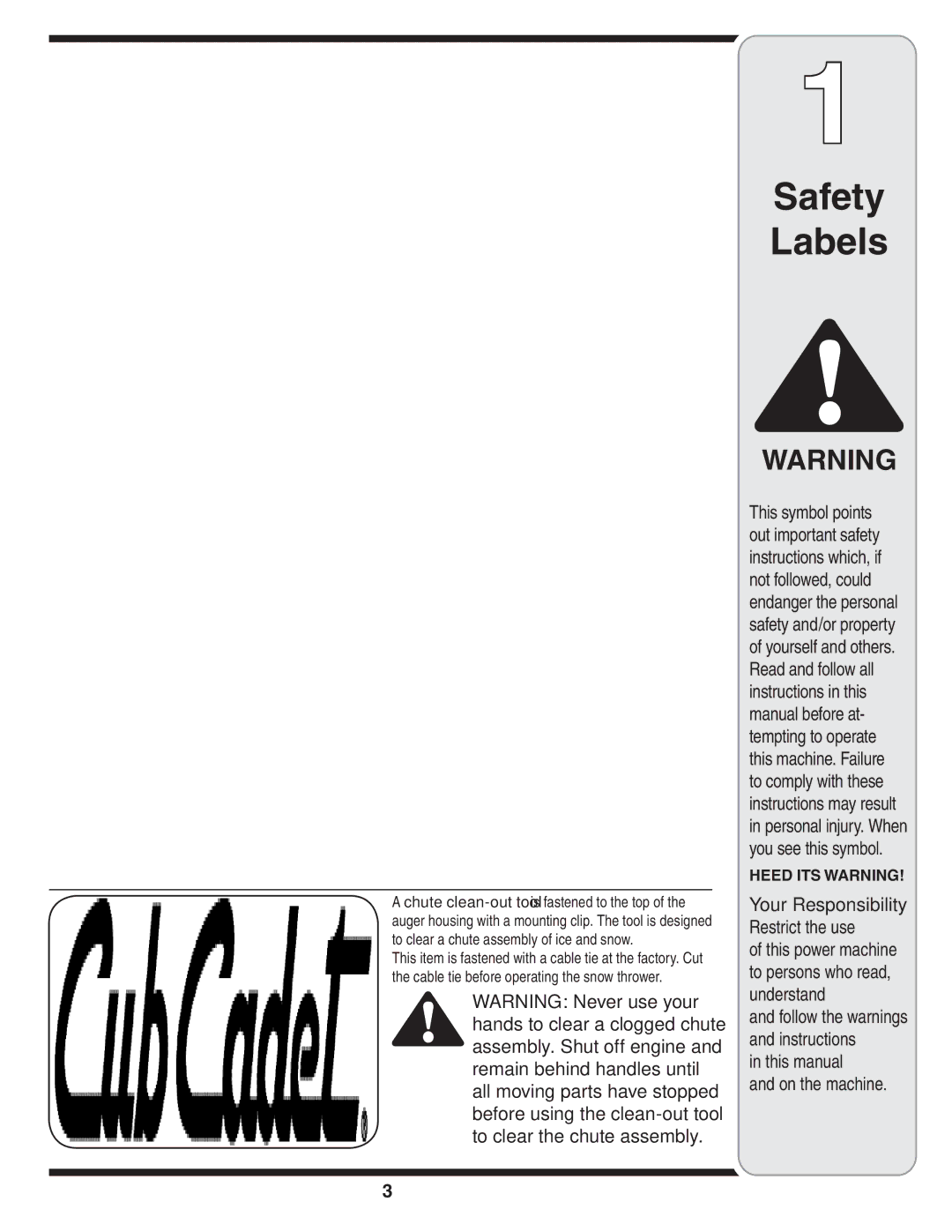 Cub Cadet WE 26 warranty Safety Labels, Your Responsibility 