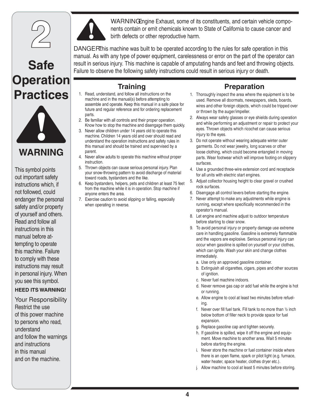 Cub Cadet WE 26 warranty Practices, Your Responsibility Restrict the use 