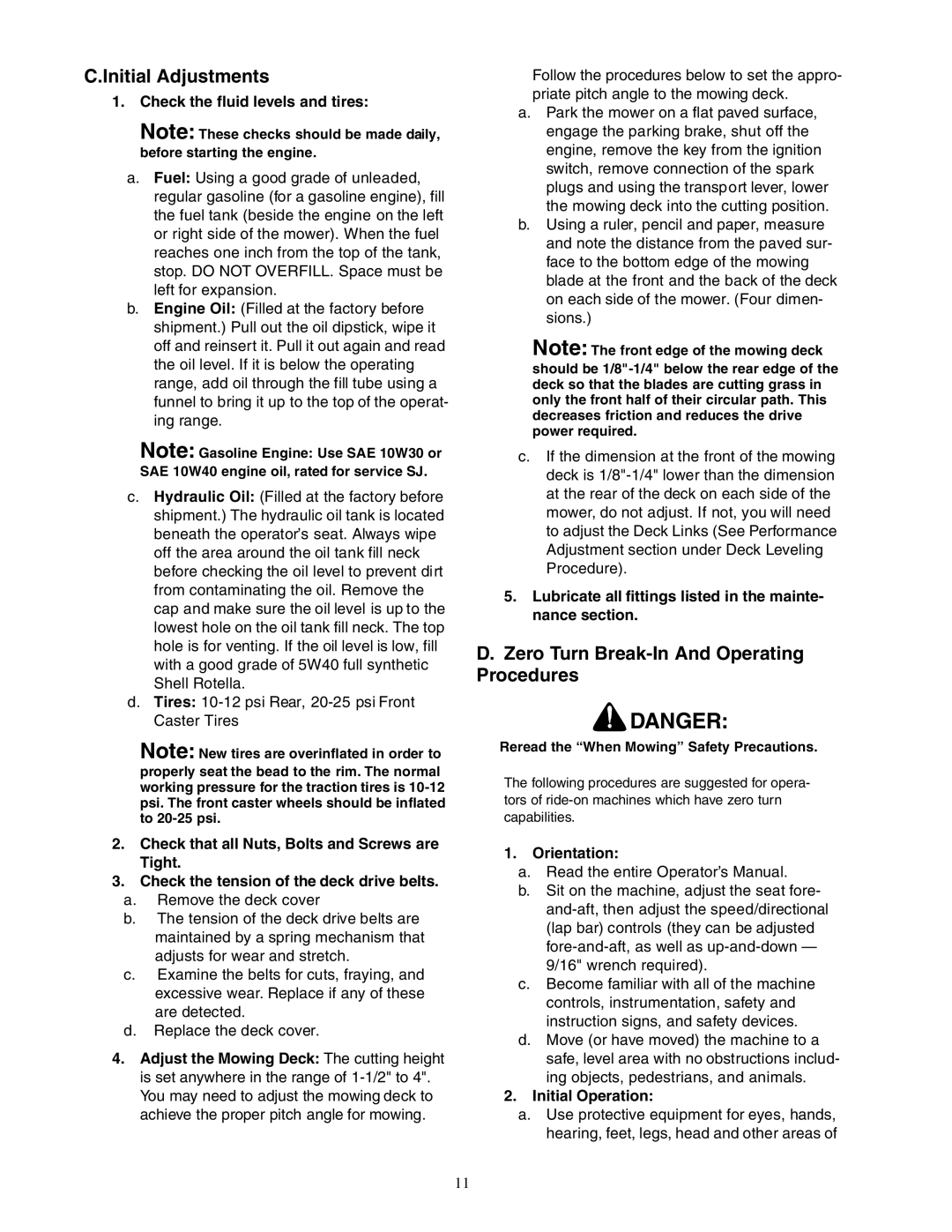 Cub Cadet Z - Wing 48 service manual Initial Adjustments, Zero Turn Break-In And Operating Procedures 