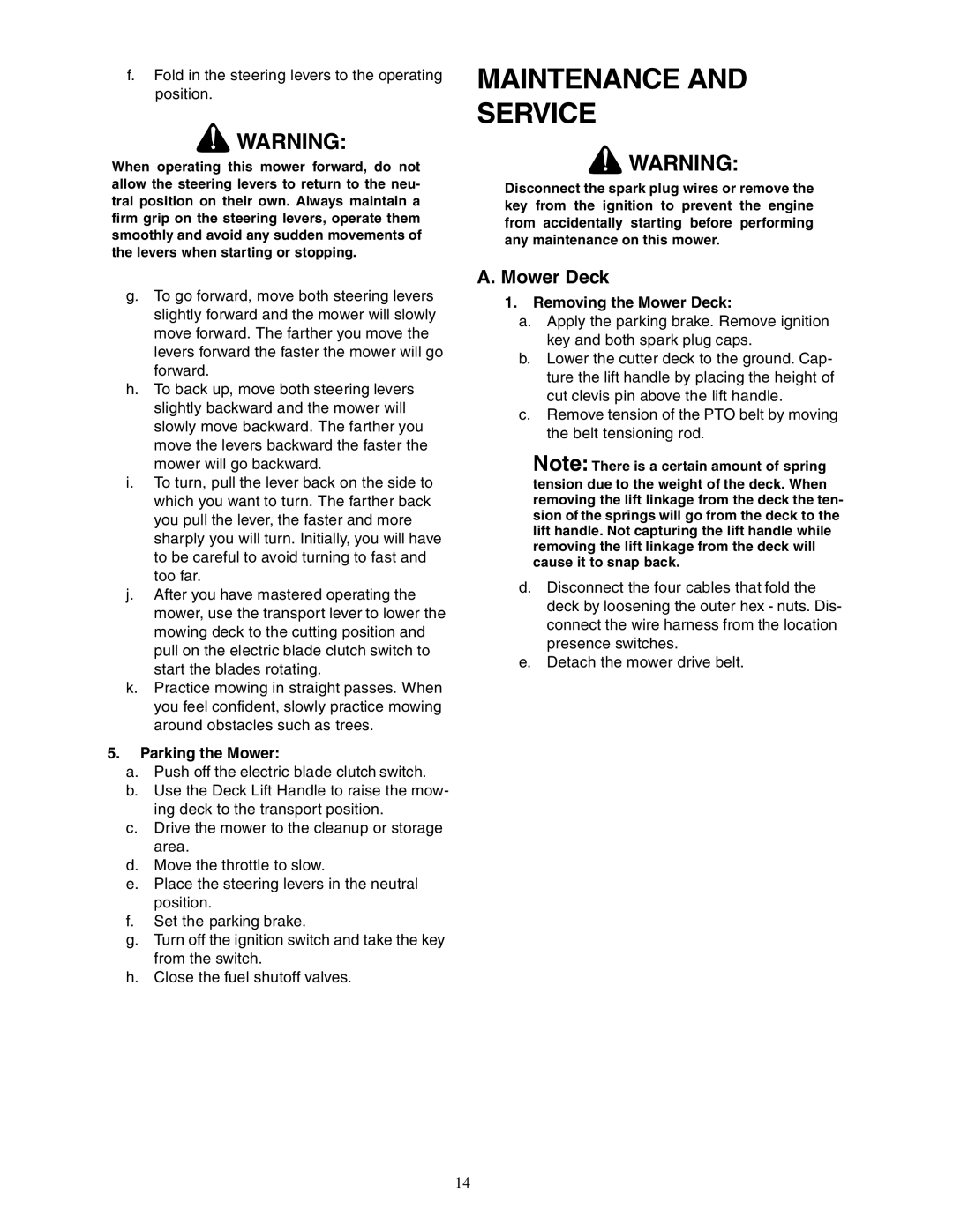 Cub Cadet Z - Wing 48 service manual Maintenance Service, Parking the Mower, Removing the Mower Deck 