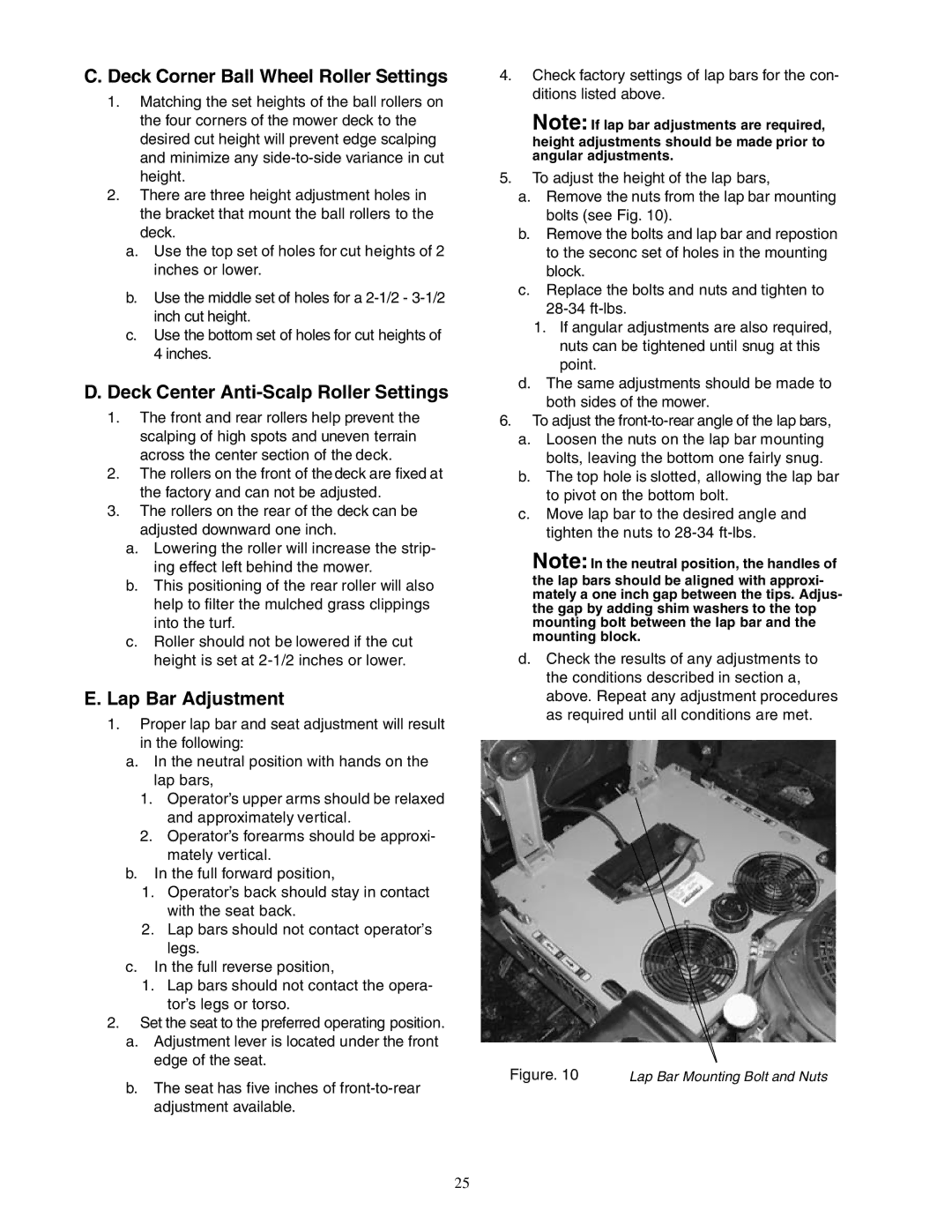 Cub Cadet Z - Wing 48 Deck Corner Ball Wheel Roller Settings, Deck Center Anti-Scalp Roller Settings, Lap Bar Adjustment 