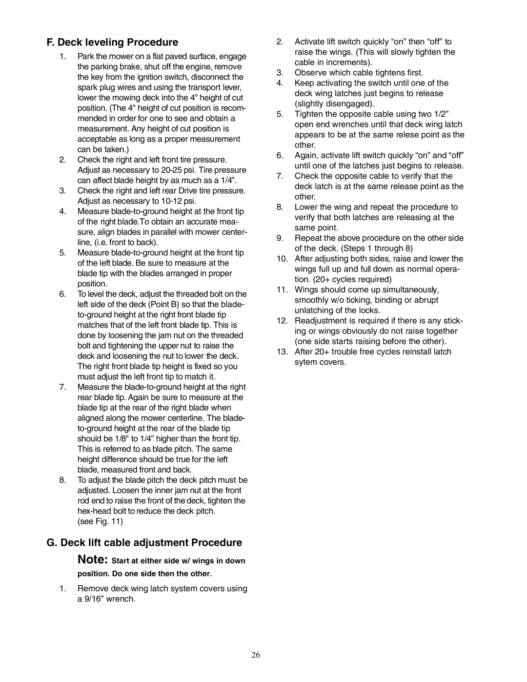 Cub Cadet Z - Wing 48 service manual Deck leveling Procedure, Deck lift cable adjustment Procedure 