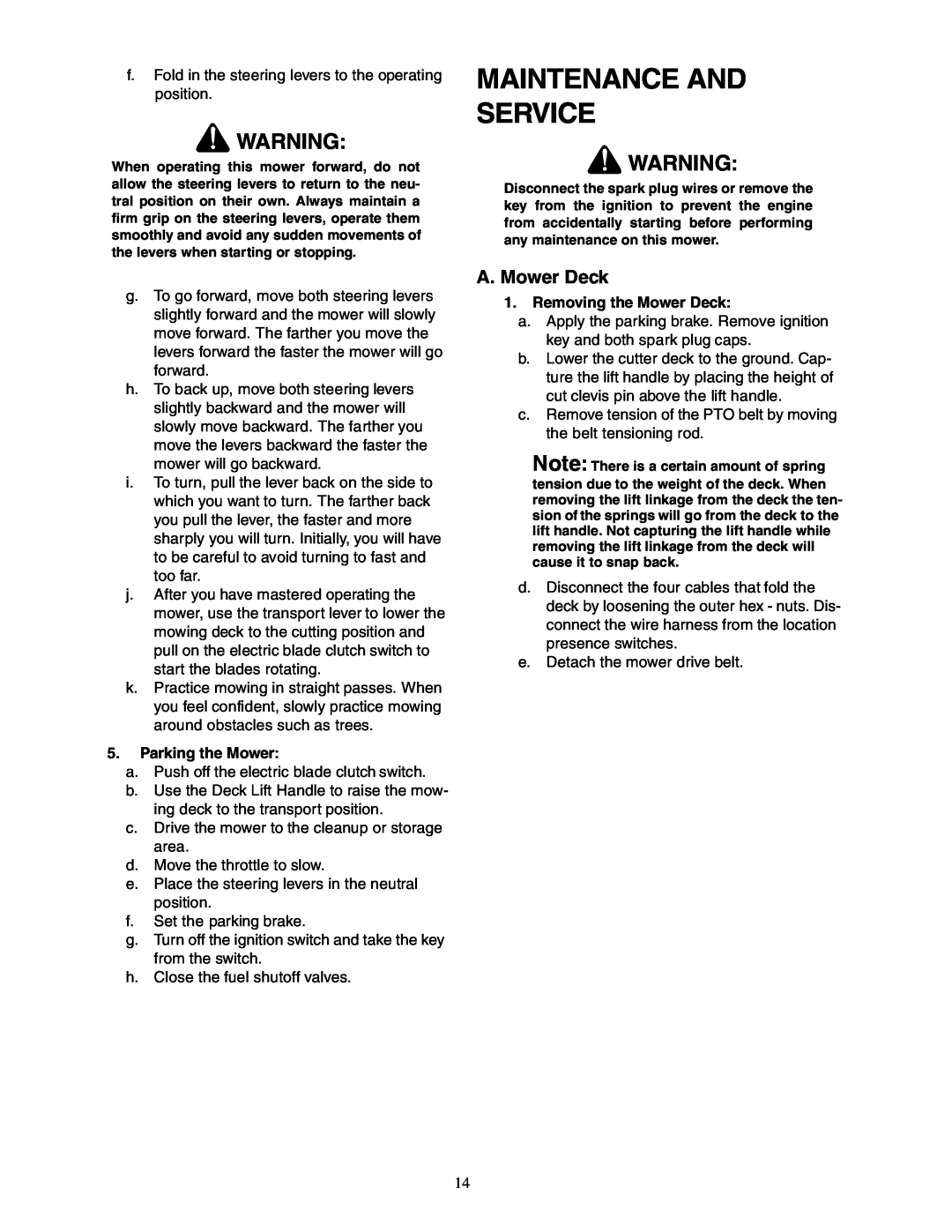 Cub Cadet Z - Wing 48 service manual Maintenance And Service, A. Mower Deck 