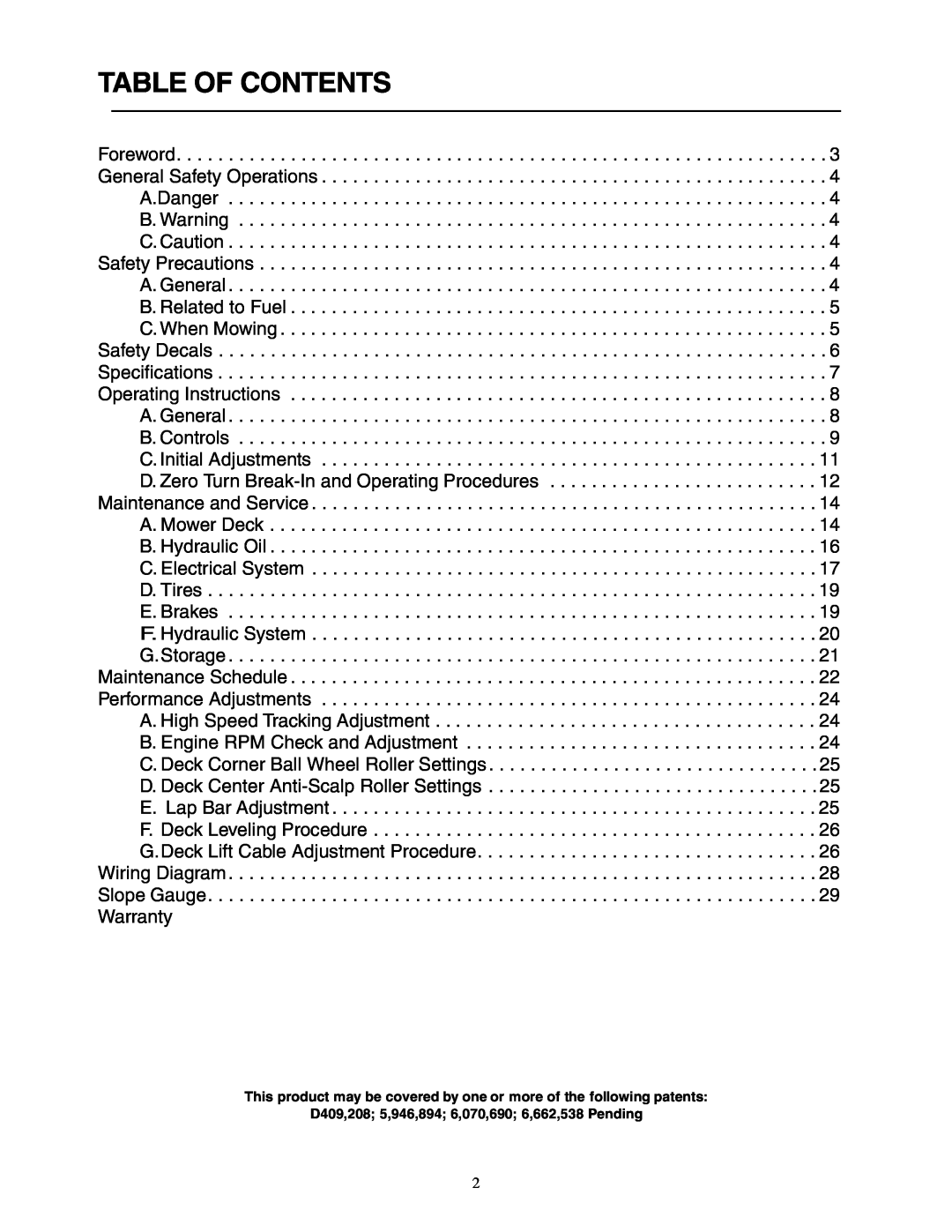 Cub Cadet Z - Wing 48 service manual Table Of Contents 