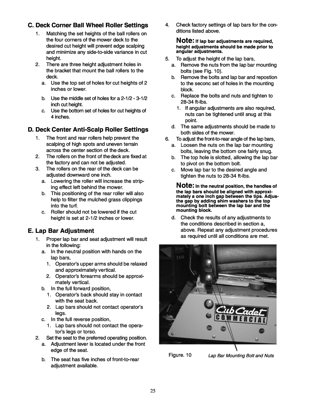 Cub Cadet Z - Wing 48 service manual C. Deck Corner Ball Wheel Roller Settings, D.Deck Center Anti-ScalpRoller Settings 