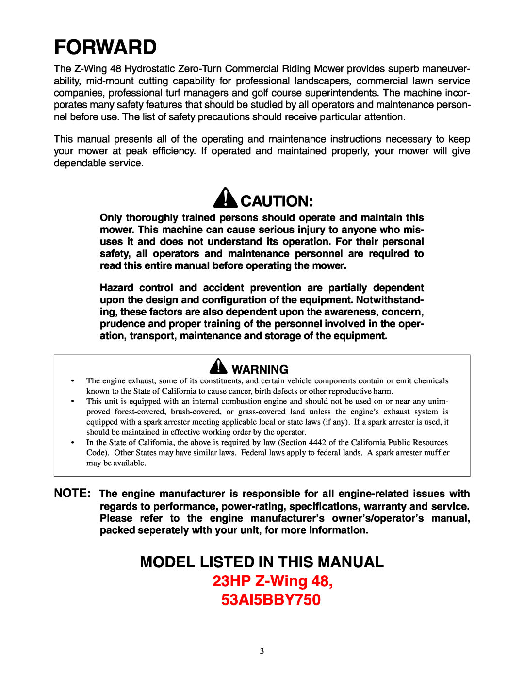 Cub Cadet Z - Wing 48 service manual Forward, MODEL LISTED IN THIS MANUAL 23HP Z-Wing48, 53AI5BBY750 