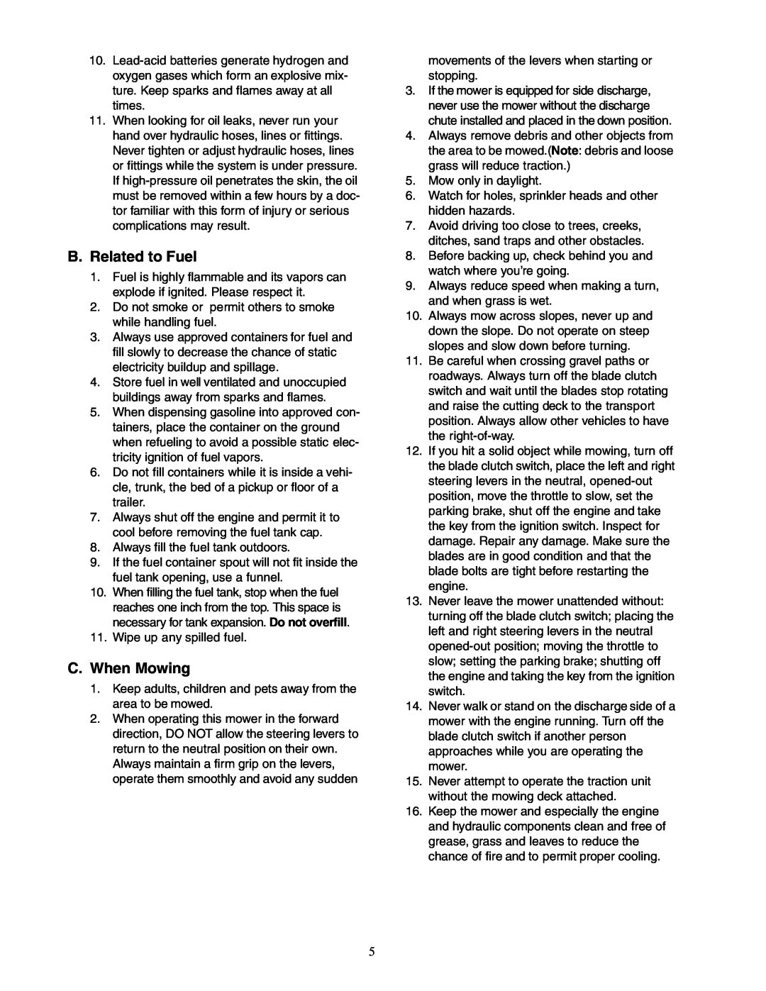 Cub Cadet Z - Wing 48 service manual B.Related to Fuel, C.When Mowing 
