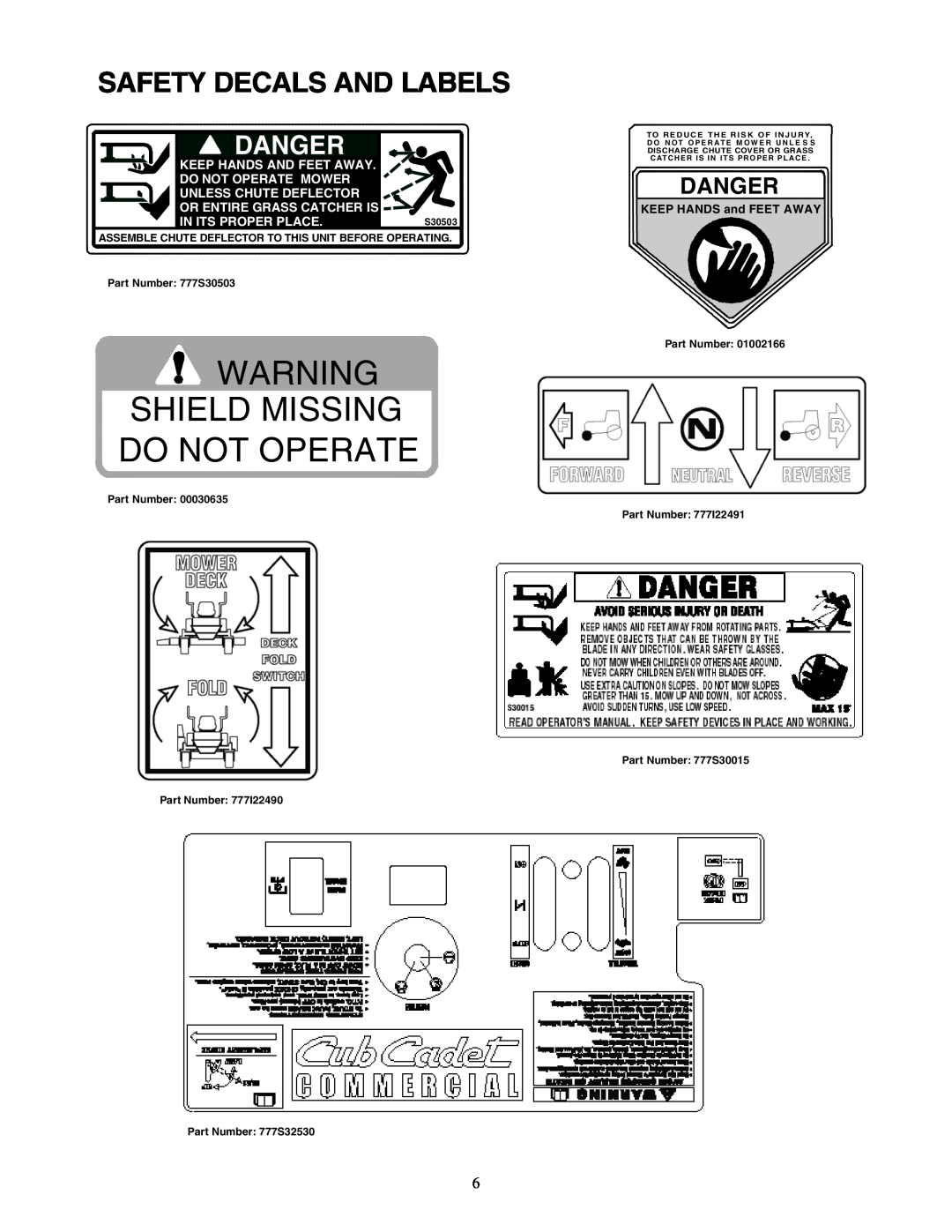 Cub Cadet Z - Wing 48 Safety Decals And Labels, Shield Missing Do Not Operate, Danger, Keep Hands And Feet Away, S30503 