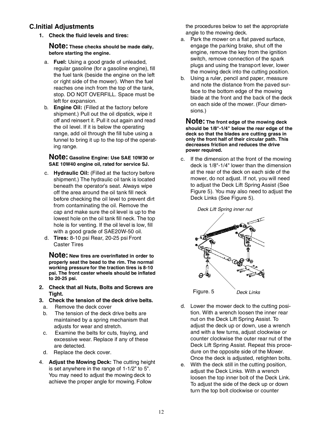 Cub Cadet Zero-Turn Commercial Riding Mower service manual Initial Adjustments, Check the fluid levels and tires 