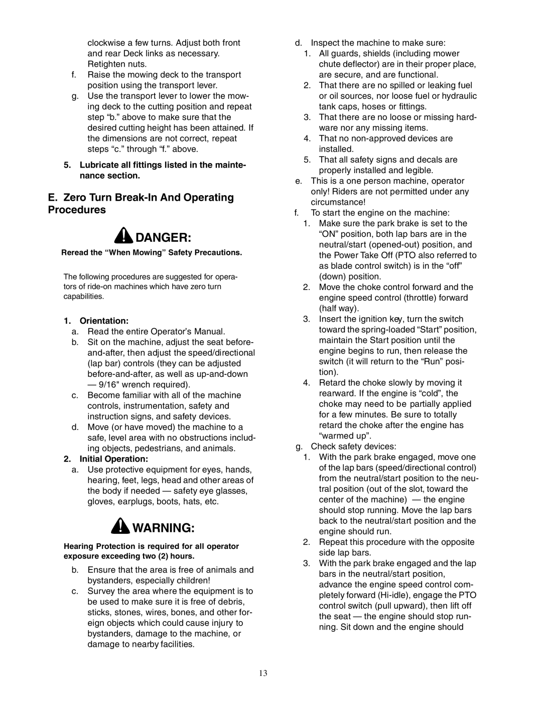 Cub Cadet Zero-Turn Commercial Riding Mower Zero Turn Break-In And Operating Procedures, Orientation, Initial Operation 