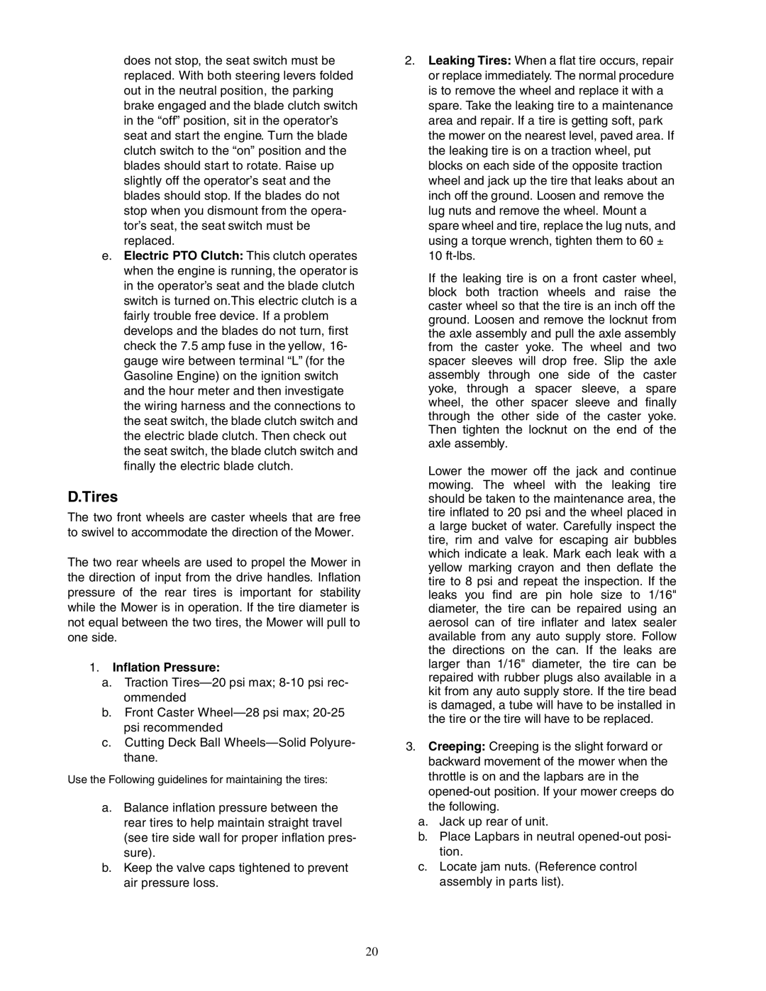 Cub Cadet Zero-Turn Commercial Riding Mower service manual Tires, Inflation Pressure 