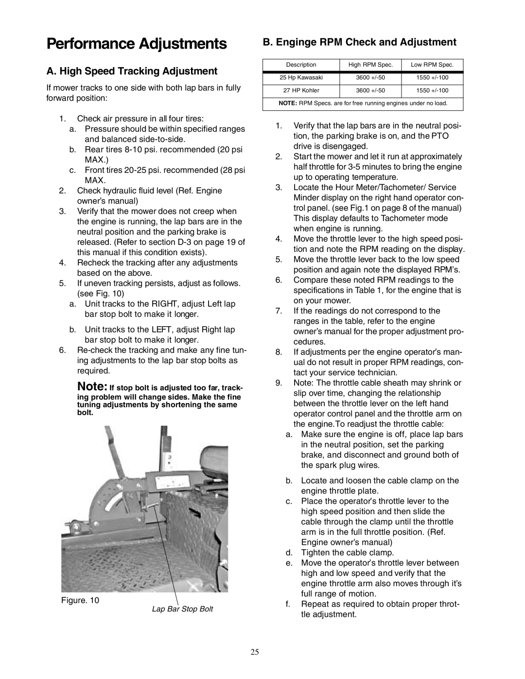 Cub Cadet Zero-Turn Commercial Riding Mower service manual High Speed Tracking Adjustment, Enginge RPM Check and Adjustment 