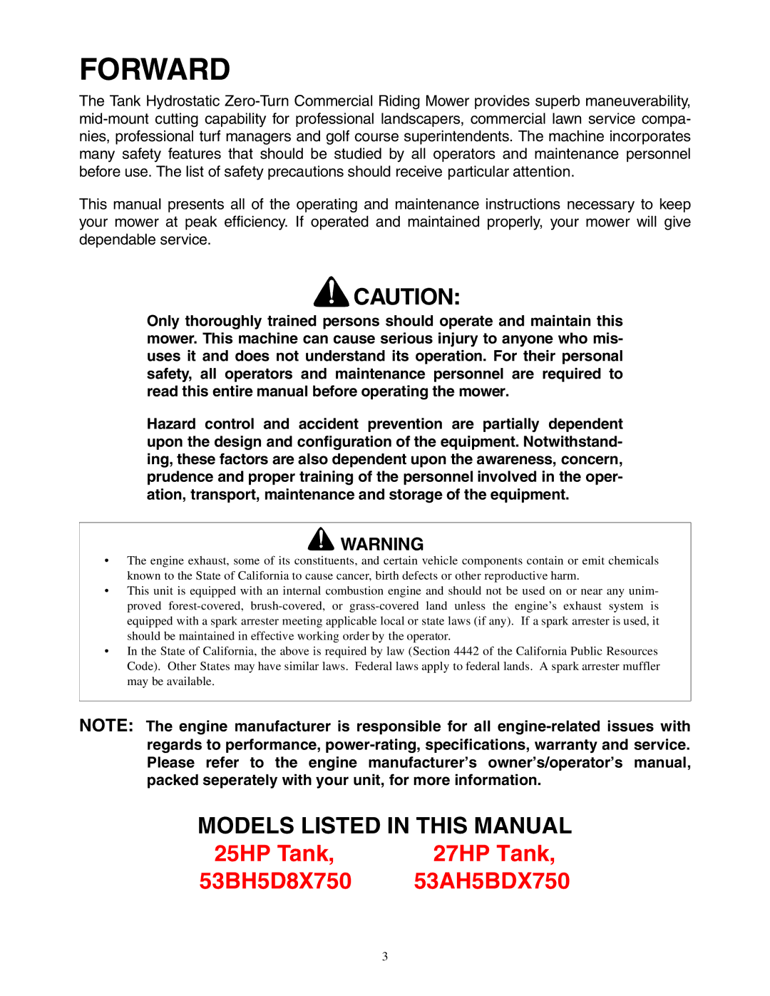 Cub Cadet Zero-Turn Commercial Riding Mower service manual Forward, Models Listed in this Manual 