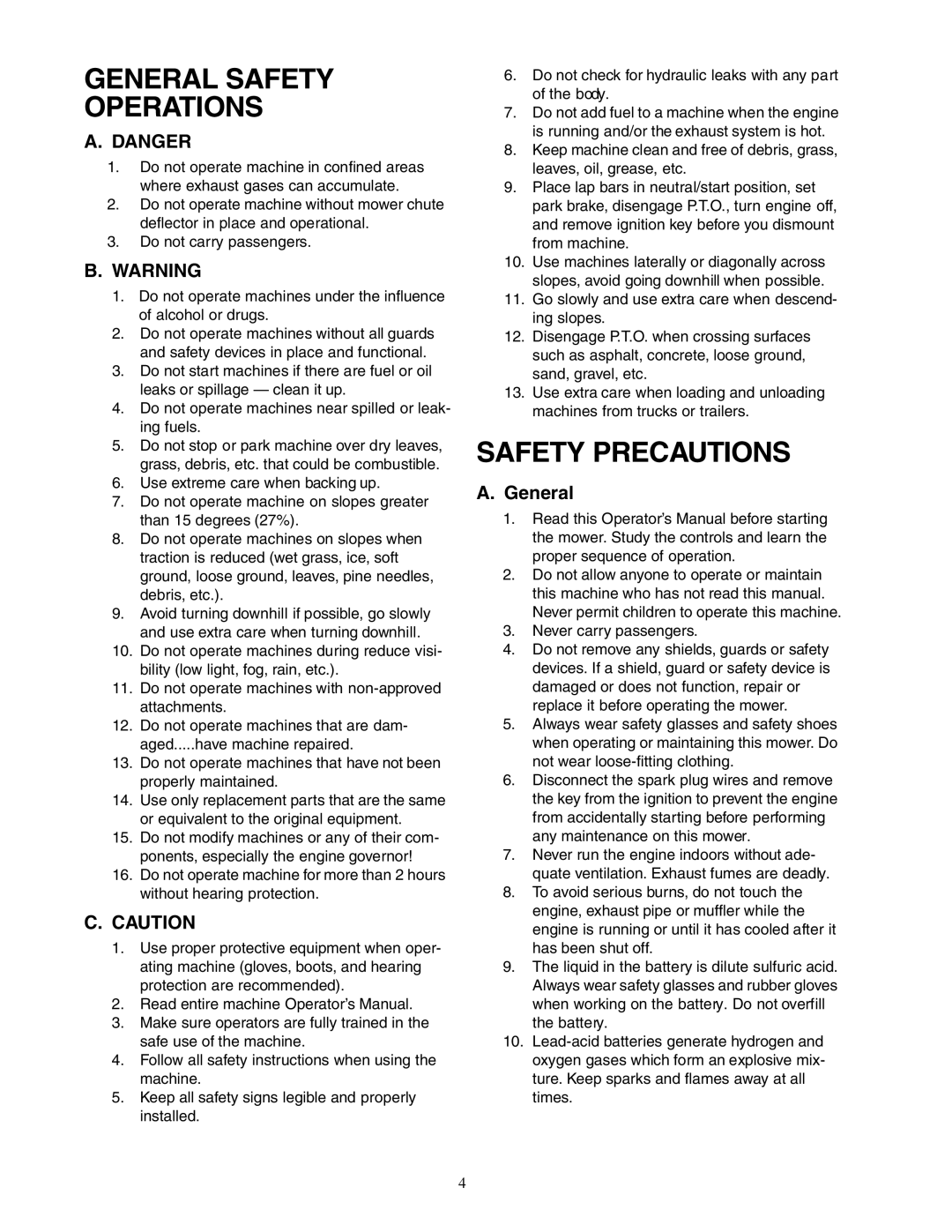 Cub Cadet Zero-Turn Commercial Riding Mower service manual General Safety Operations, Safety Precautions 