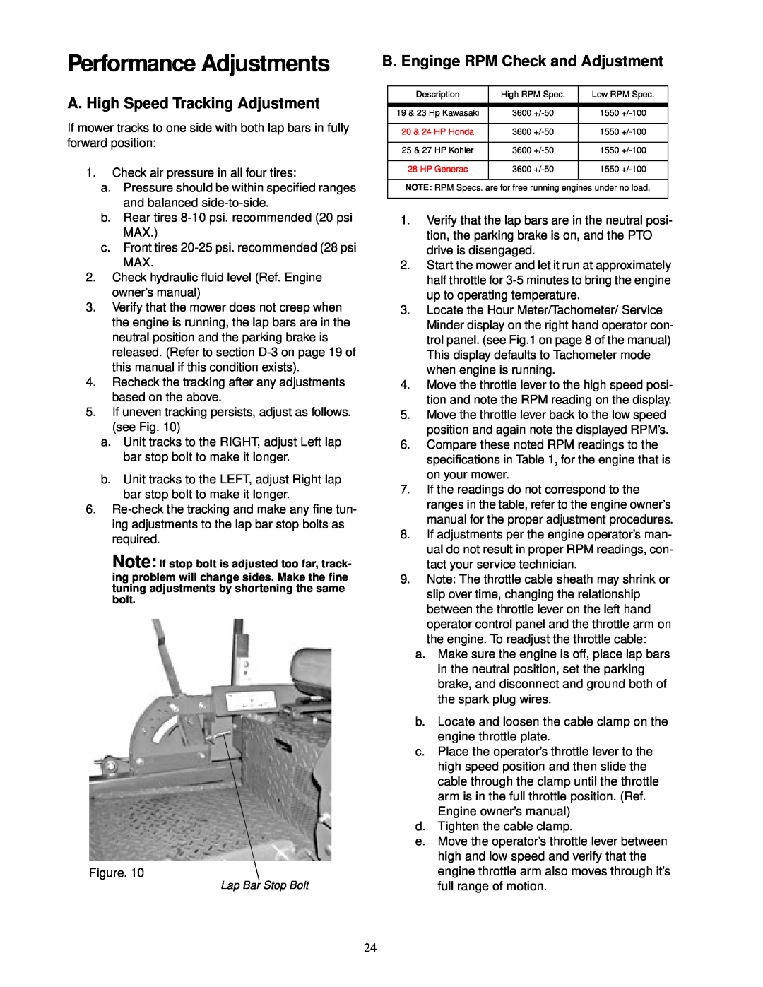 Cub Cadet service manual Performance Adjustments, A. High Speed Tracking Adjustment, B. Enginge RPM Check and Adjustment 