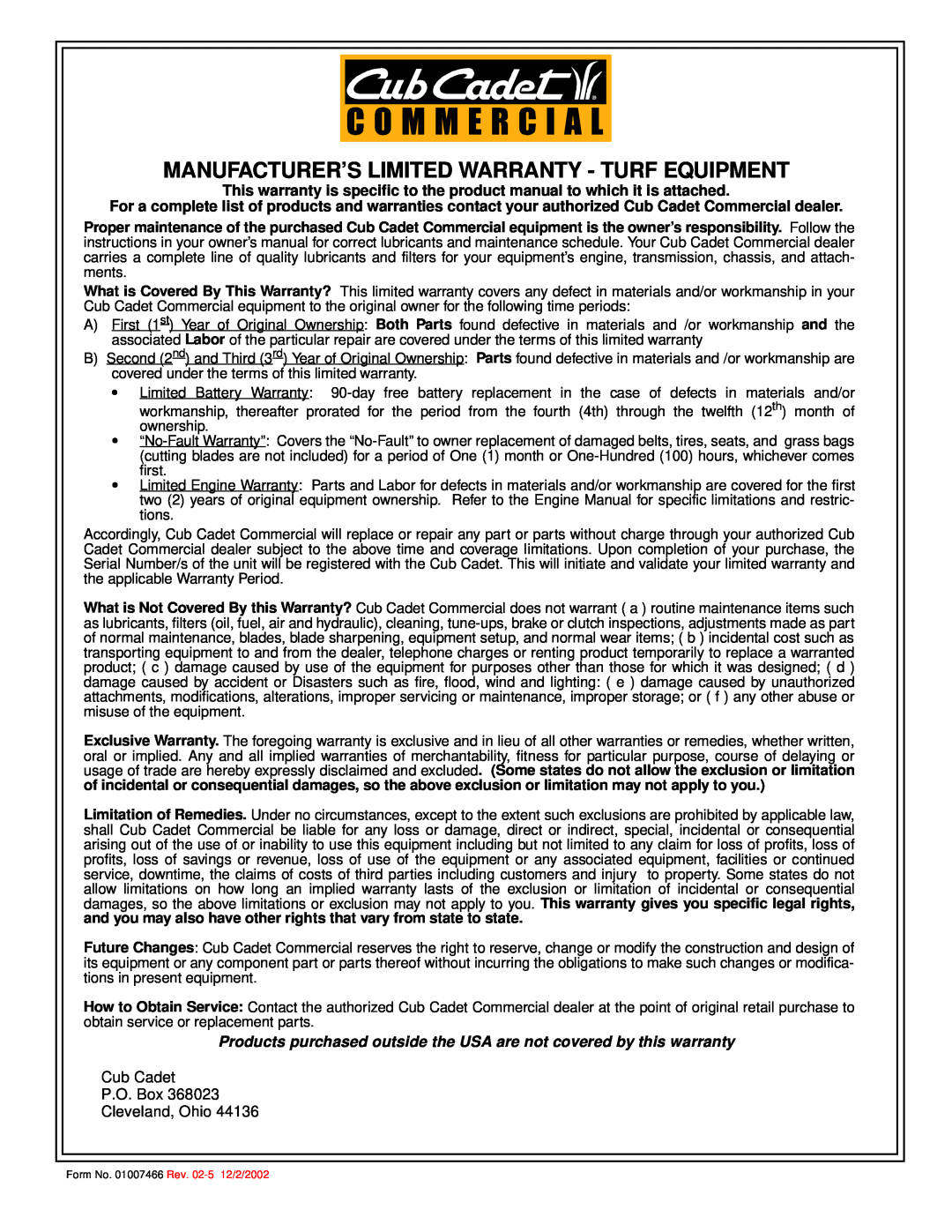 Cub Cadet service manual Manufacturer’S Limited Warranty - Turf Equipment 