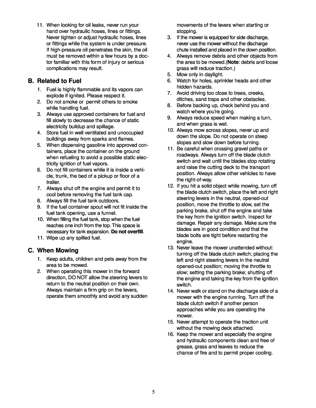 Cub Cadet service manual B. Related to Fuel, C. When Mowing 