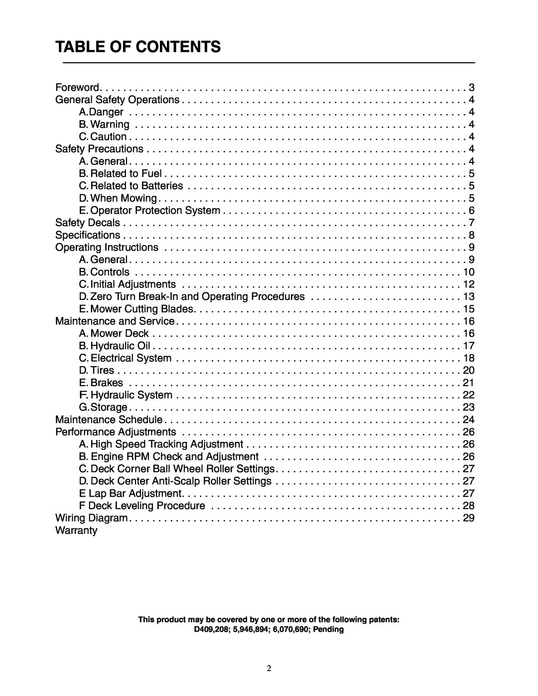 Cub Cadet Hydrostatic Zero-Turn Commercial Riding Mower Professional Turf Equipment service manual Table Of Contents 