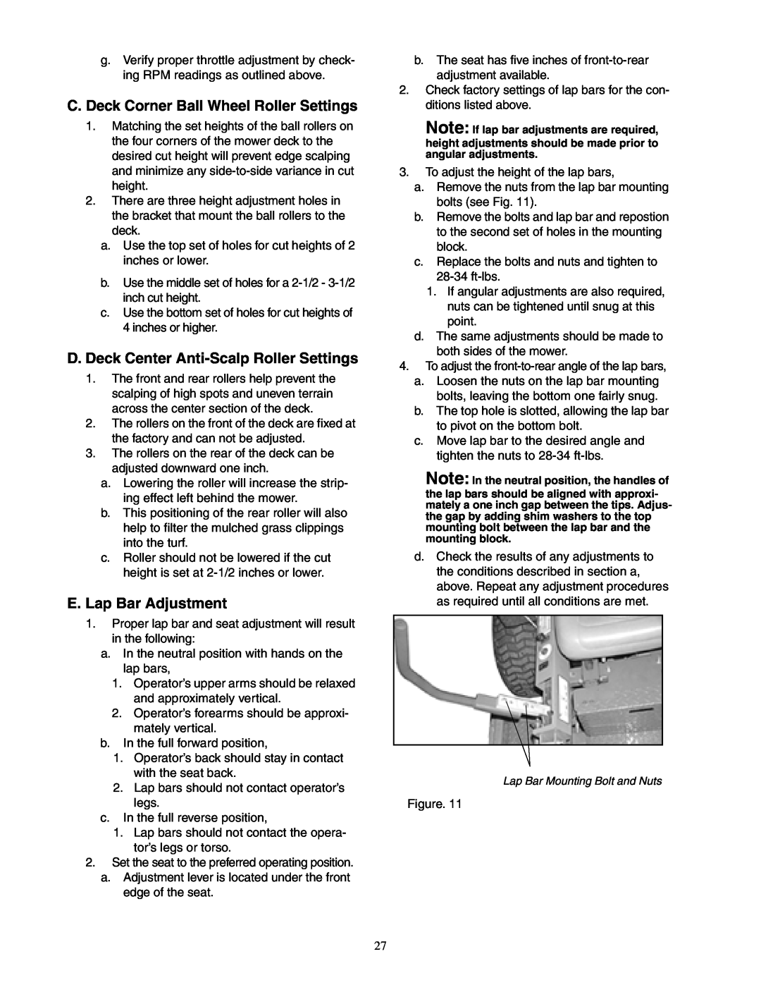 Cub Cadet Hydrostatic Zero-Turn Commercial Riding Mower Professional Turf Equipment service manual E. Lap Bar Adjustment 