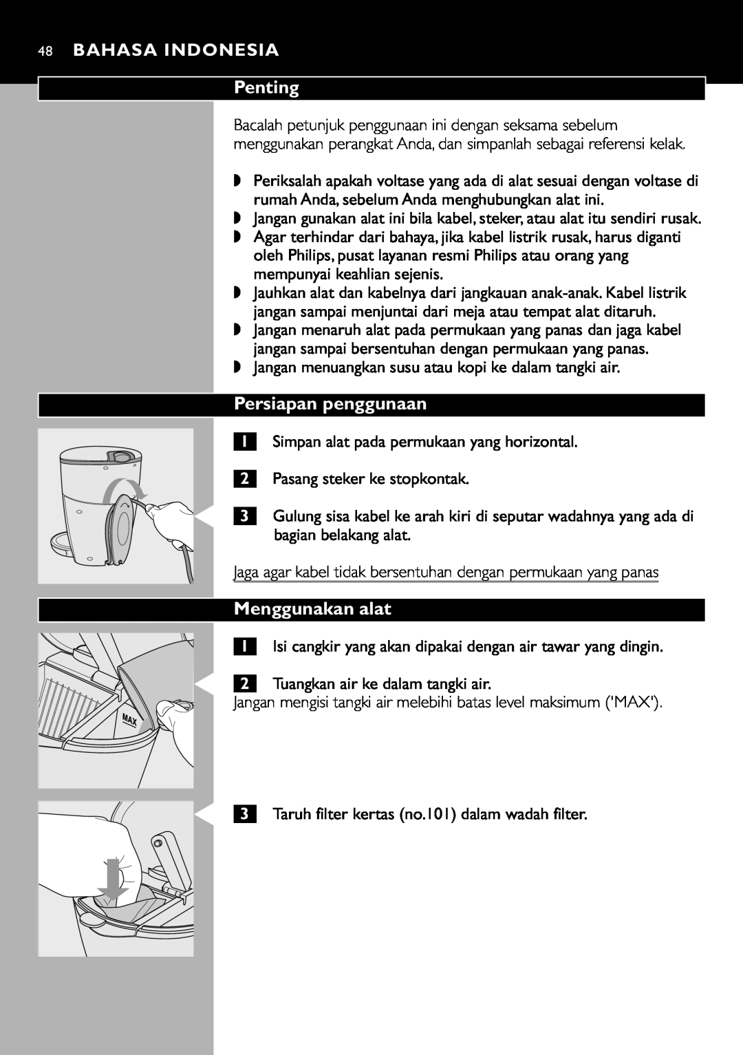 Cucina Pro HD7140 manual Persiapan penggunaan, Menggunakan alat, 48BAHASA INDONESIA Penting, Pasang steker ke stopkontak 