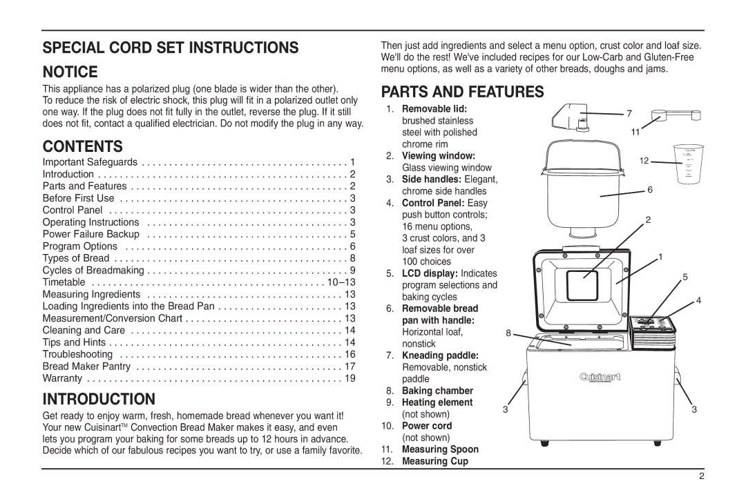 Cuisinart IB-5859A, 05CU26258, ELC0303IB-1/7A7 Special Cord SET Instructions, Contents, Introduction, Parts and Features 