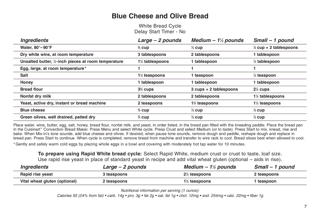 Cuisinart ELC0303IB-1/7A7, 05CU26258, IB-5859A manual Blue Cheese and Olive Bread 