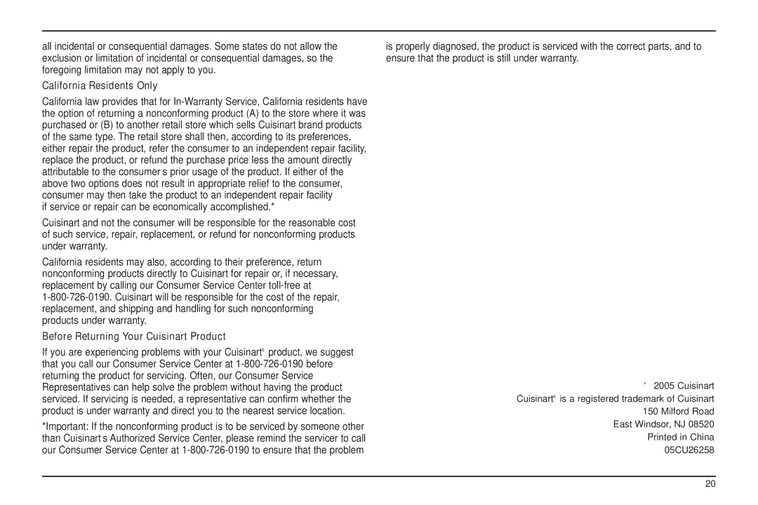 Cuisinart IB-5859A, 05CU26258, ELC0303IB-1/7A7 manual California Residents Only 