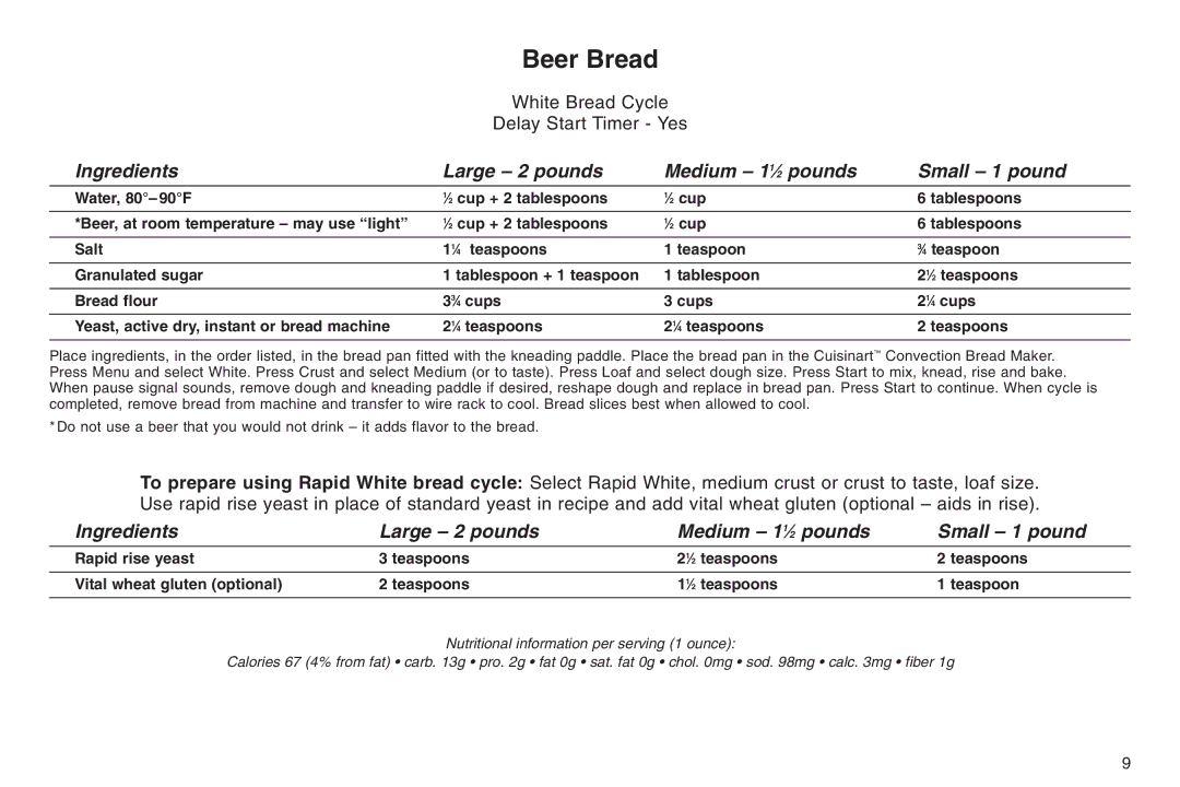 Cuisinart IB-5859A, 05CU26258, ELC0303IB-1/7A7 manual Beer Bread 